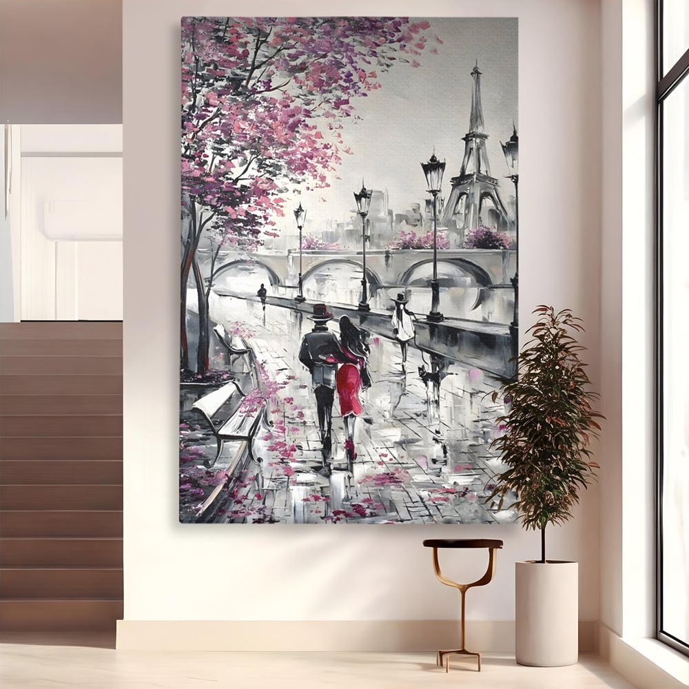Tablou canvas cu pictura cu cuplu in paris, fara rama, pe sasiu de lemn